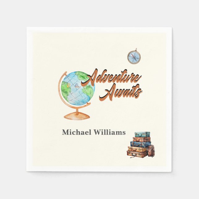 Retirement Travel Adventure Awaits Globe  Napkin (Front)