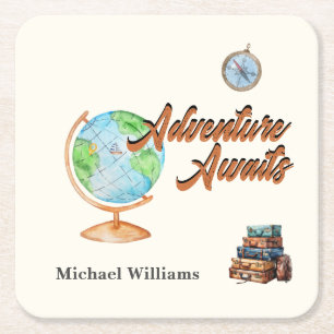 Retirement Travel Adventure Awaits Globe  Square Paper Coaster