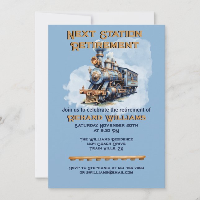 Retirement Travel Rolling into Train Next Station Invitation (Front)