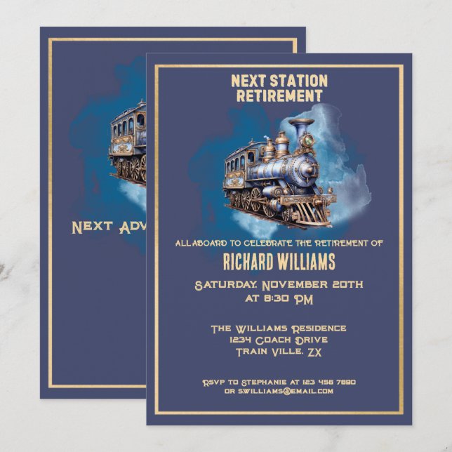 Retirement Travel Rolling Train Next Station   Invitation (Front/Back)