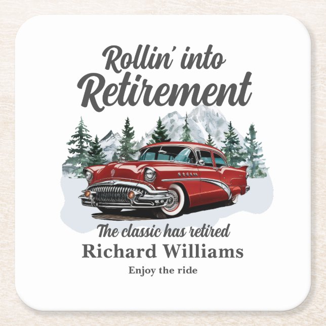 Retirement Travel Theme Classic Retro Car Rolling Square Paper Coaster (Front)