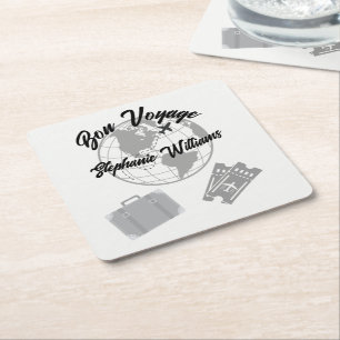 Retirement Travel Theme Party Bon Voyage Globe Square Paper Coaster