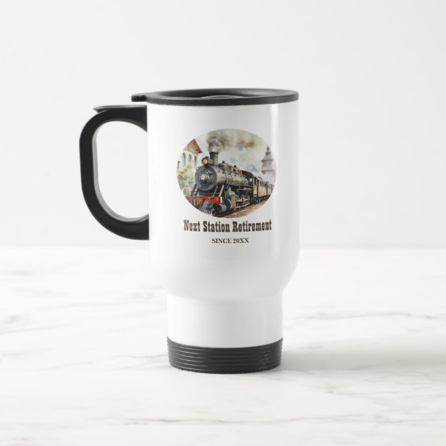 Retirement Travel Theme Party Train Next Station Mug (Left)