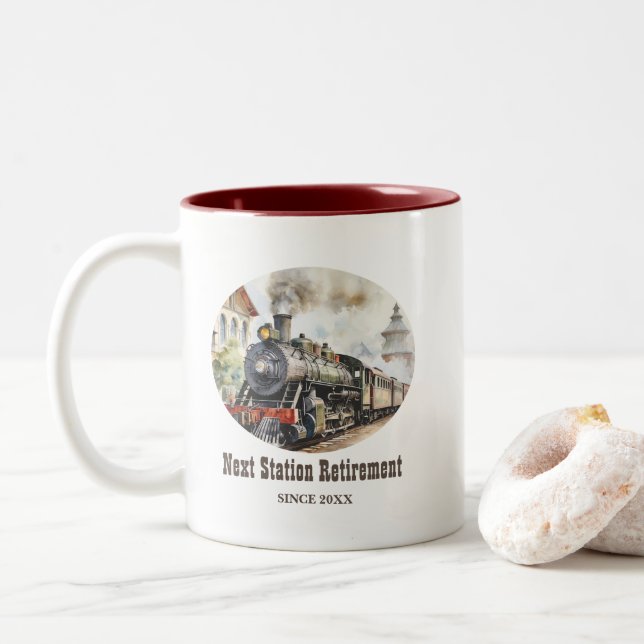 Retirement Travel Theme Party Train Next Station Two-Tone Coffee Mug (With Donut)
