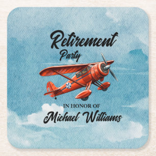 Retirement Travel Themed Party Red Plane Vintage Square Paper Coaster
