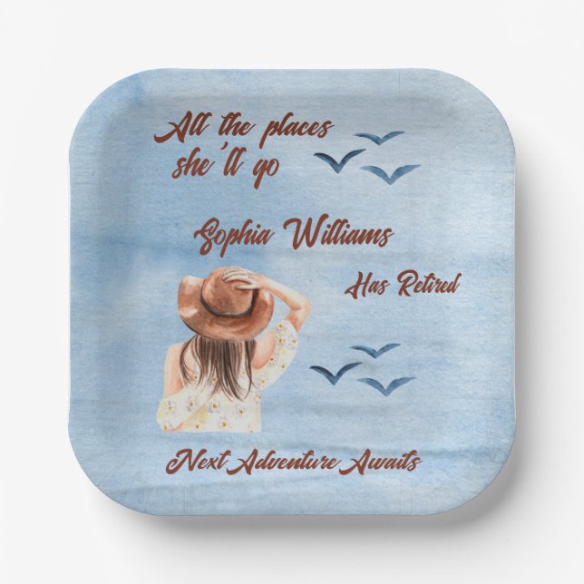 Retirement Travel Themed Party Woman Watercolor Paper Plate (Front)