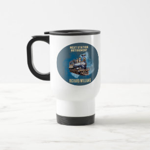 retirement travel themed train next station party mug