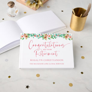 Retirement Tropical Floral Pink Script Congrats Guest Book