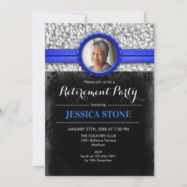 Retirement With Photo - Royal Blue Silver Invitation (Front)