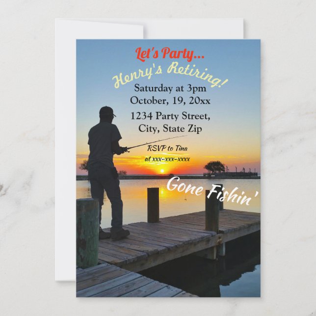 Retiring Gone Fishin' Wood Plank Customizable Invitation (Front)
