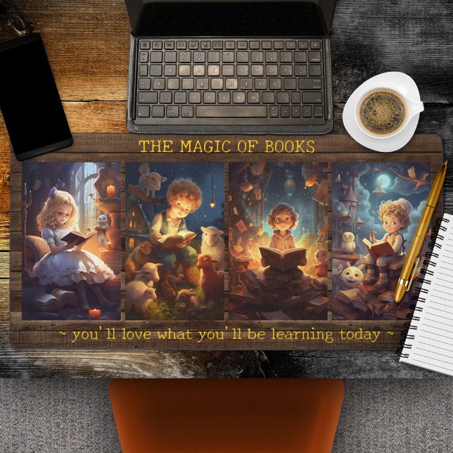 Retour à l'école Livres magiques (A desk mat featuring magical illustrations of children reading a book.)
