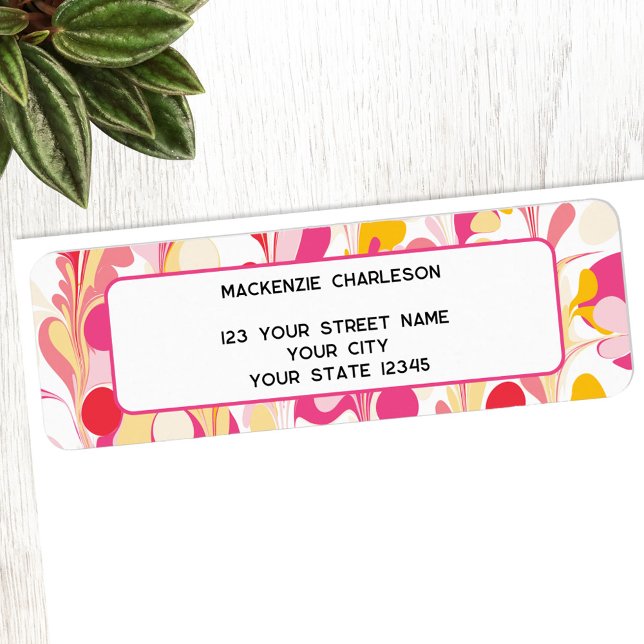 Retourner l'adresse Super Abstraite de marbre (Retro groovy marbled pink yellow abstract return address label)