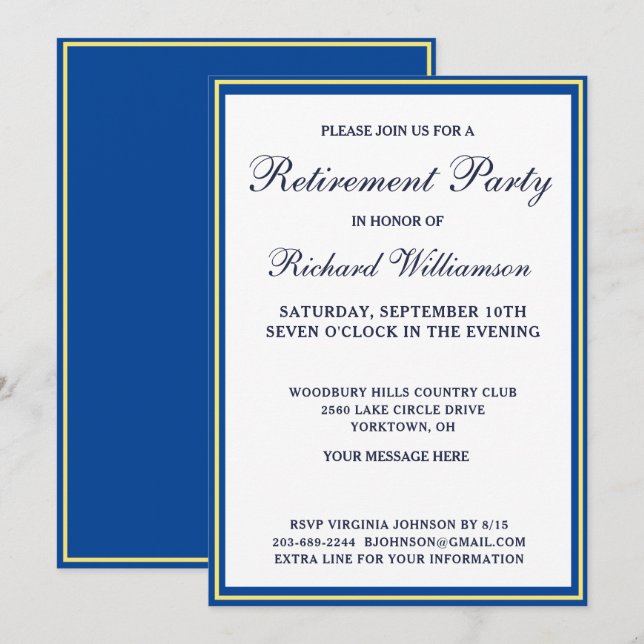 Retraite Party Simple Blue Gold Invitation (Devant / Derrière)