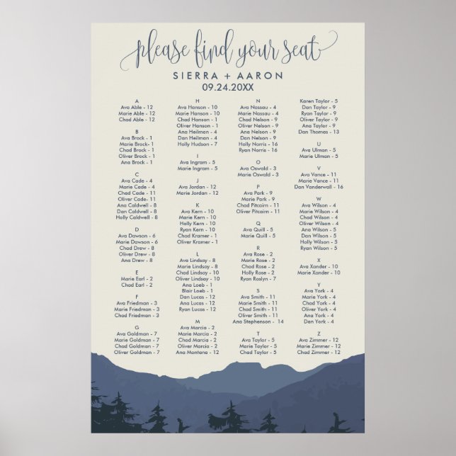 Retreat to the Mountains Alphabet Seating Chart (Front)