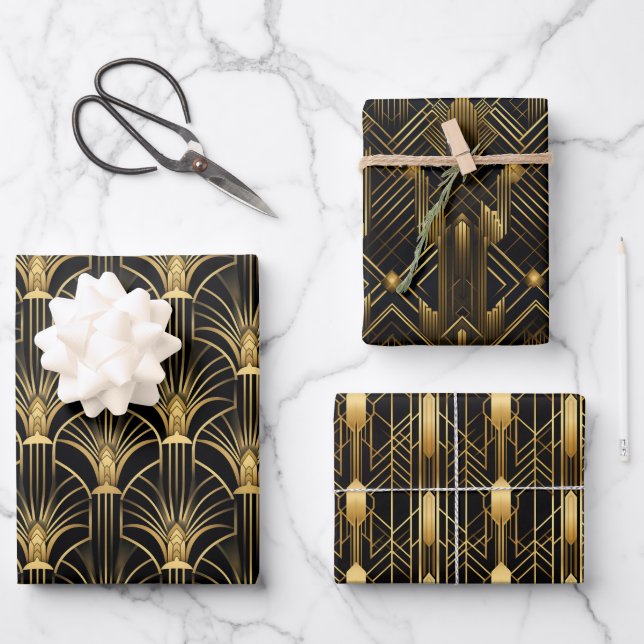 Retro 1920s Art Deco Gold Pattern Geometric Gift Wrapping Paper Sheet (Front)
