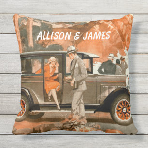Retro 1920's Flapper Lady Classical Car Road Trip Throw Pillow