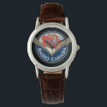 Retro 1940-1958 watch<br><div class="desc">Created by Hortense Binette, student from Montréal's École des Beaux Arts, who won a design contest organized by Radio-Canada in April 1940. A red map of Canada set above elongated lightning bolts spanning across the country, the design was intended to represent the unifying role the public broadcaster would play. Used...</div>