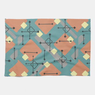Retro 1950s Art Diamonds Teal Orange Kitchen Towel