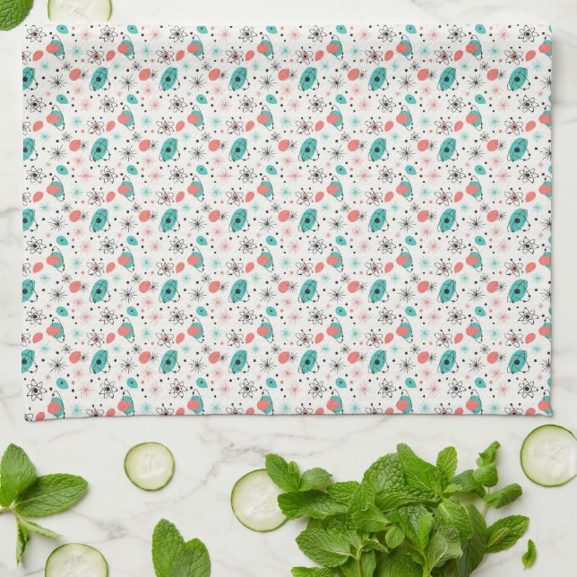 Retro 1950s Atomic Starburst & Orbiting Atoms Kitchen Towel (Folded)