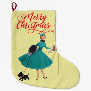 Retro 1950s Christmas Girl & Dog Large Christmas Stocking