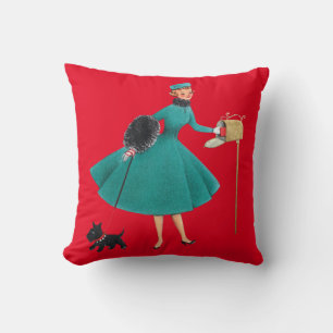 Retro 1950s Christmas Girl & Dog Throw Pillow