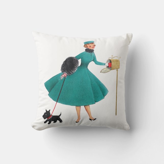 Retro 1950s Christmas Girl & Dog Throw Pillow (Front)