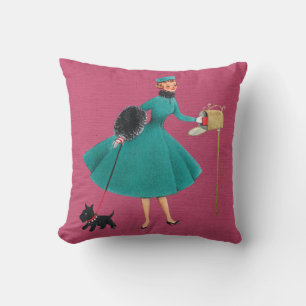 Retro 1950s Christmas Girl & Dog Throw Pillow