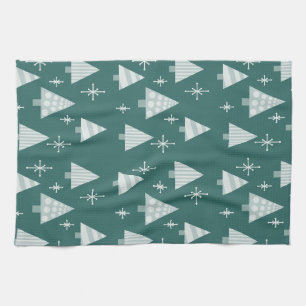 Retro 1950s Christmas Trees Teal Green Kitchen Towel