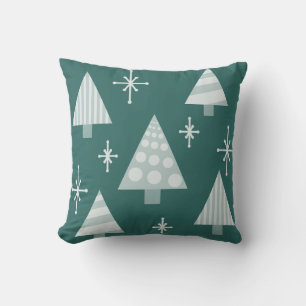 Retro 1950s Christmas Trees Teal Green Throw Pillow