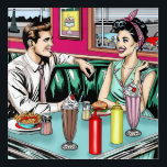 Retro 1950's Couple at Diner Acrylic Print<br><div class="desc">Retro pop art comic book style poster. Cute 1950's era couple sitting in a diner with milkshakes,  fries and cheeseburgers on a date. Colours used are teal,  pink,  red,  black and yellow. Old-fashioned nostalgia. This picture is hand drawn by myself.</div>