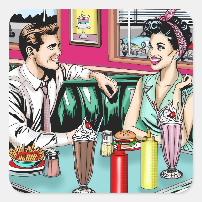 Retro 1950's Couple at Diner Blank Square Sticker (Front)