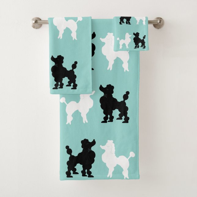 Retro 1950's Cute White & Black Poodles on Aqua Bath Towel Set (Insitu)