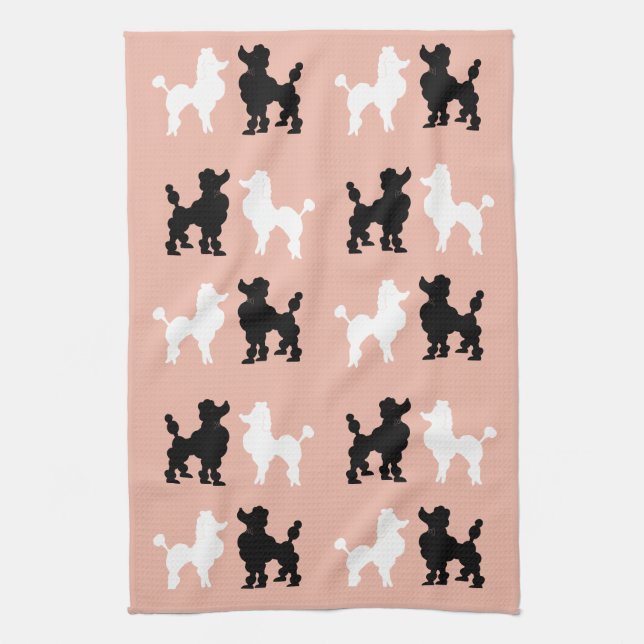 Retro 1950's Cute White & Black Poodles on Pink Kitchen Towel (Vertical)
