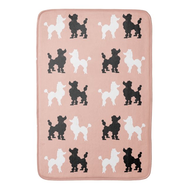 Retro 1950's Cute White & Black Poodles on Salmon Bath Mat (Front Vertical)