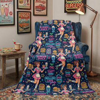 Retro 1950s Diner Roller Skate Waitress Fleece Blanket