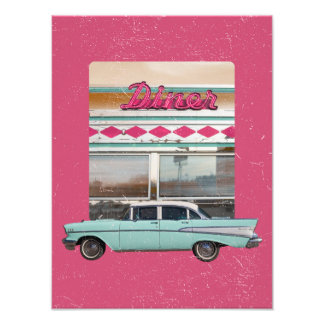 Retro 1950s Diner Wall Art | Pink Neon Sign & Teal