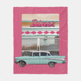 Retro 1950s Diner Wall Art | Pink Neon Sign & Teal Fleece Blanket
