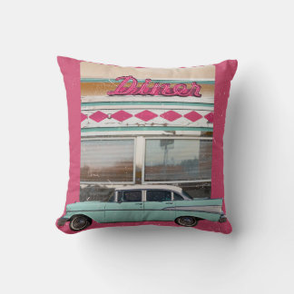 Retro 1950s Diner Wall Art | Pink Neon Sign & Teal Throw Pillow