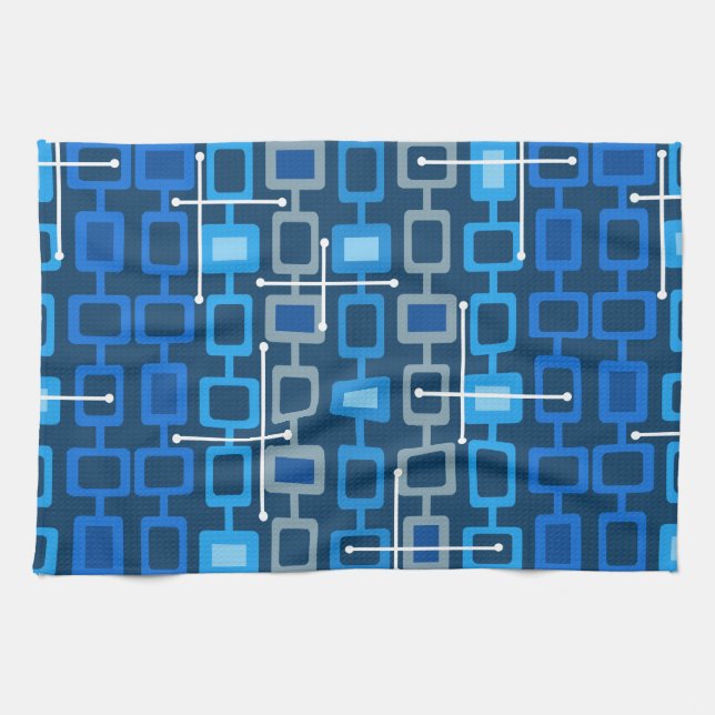 Retro 1950s Geometric Pattern Blue Kitchen Towel (Horizontal)