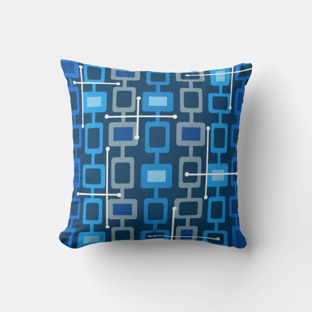 Retro 1950s Geometric Pattern Blue Throw Pillow (Front)
