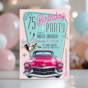 Retro 1950s Glam Pink Vintage Car Birthday Party Invitation