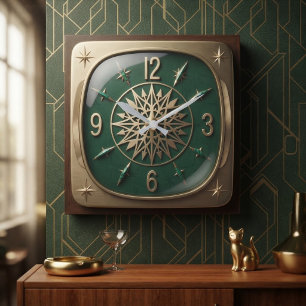 Retro 1950s Mid Century Green Gold Complex Starbur Square Wall Clock