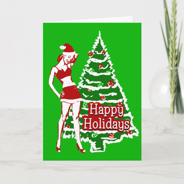 Retro 1950's Pin up girl Santa holiday card (Front)