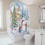 Retro 1950's Snowman Christmas<br><div class="desc">This Christmas/winter shower curtain bathroom accessory showcases a digital watercolor design, featuring a retro 1950s snowman with children playfully engaged in the snow. This charming curtain is ideal for any snowman enthusiast. A matching towel set can be viewed within my Christmas towel collection, created with AI art by Susang6.</div>