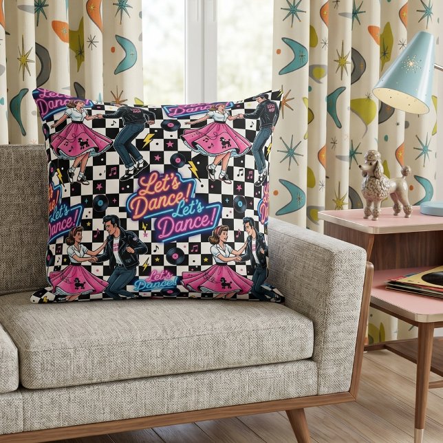 Retro 1950s Sock Hop "Let's Dance!" Throw Pillow (Creator Uploaded)