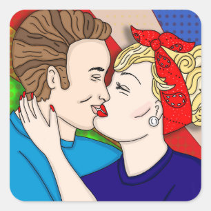 Retro 1950's Style Pop Art Couple Kissing     Square Sticker