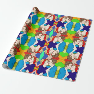 Retro 1950's Style Pop Art Couple Kissing   Wrapping Paper