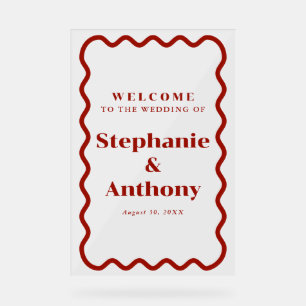 Retro 1950s Wavy Edge Dark Red Wedding Acrylic Sign