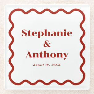 Retro 1950s Wavy Edge Dark Red Wedding Glass Coaster