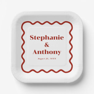 Retro 1950s Wavy Edge Dark Red Wedding Paper Plate